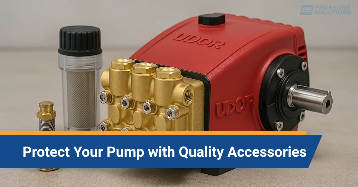 Red UDOR pressure pump with protective accessories.