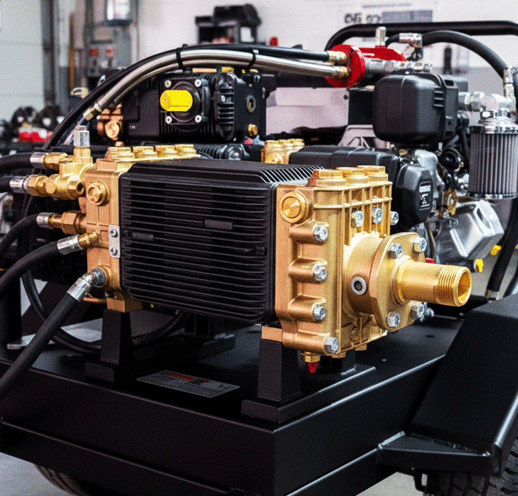 Scheduled maintenance service page Close-up view of a large, high-pressure industrial pump (triplex pump) with bright brass/gold housing and black cooling fins, mounted on a custom black base.
