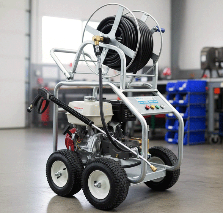 Scheduled maintenance service page Heavy-duty, gas-powered commercial pressure washer on a wheeled silver cart frame with a large black hose reel mounted on top and a white Honda engine visible.