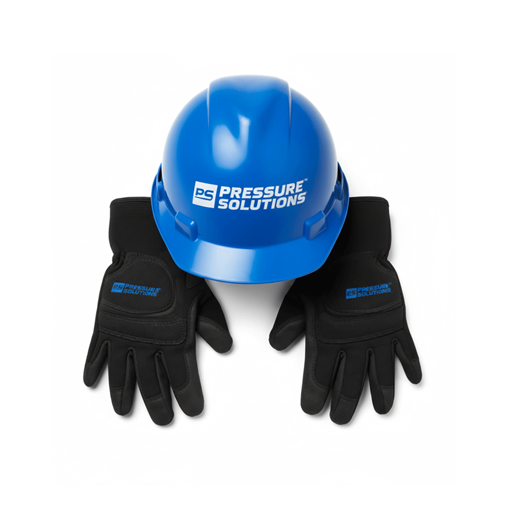 Scheduled maintenance service page A blue hard hat and a pair of black work gloves, both branded with the Pressure Solutions logo, representing professional and safe servicing.