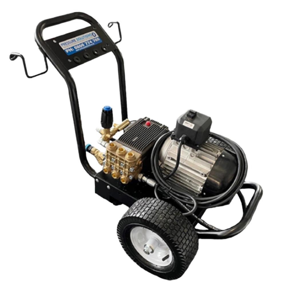 A portable electric commercial water blaster unit with a black frame and large wheels, isolated on a white background.