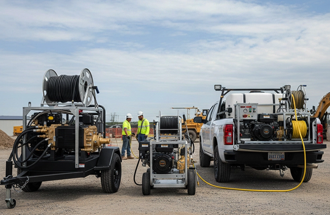 Two workers operating high-pressure drain jetting equipment, including a trailer-mounted jetter and a truck-mounted unit, on a construction or service site.