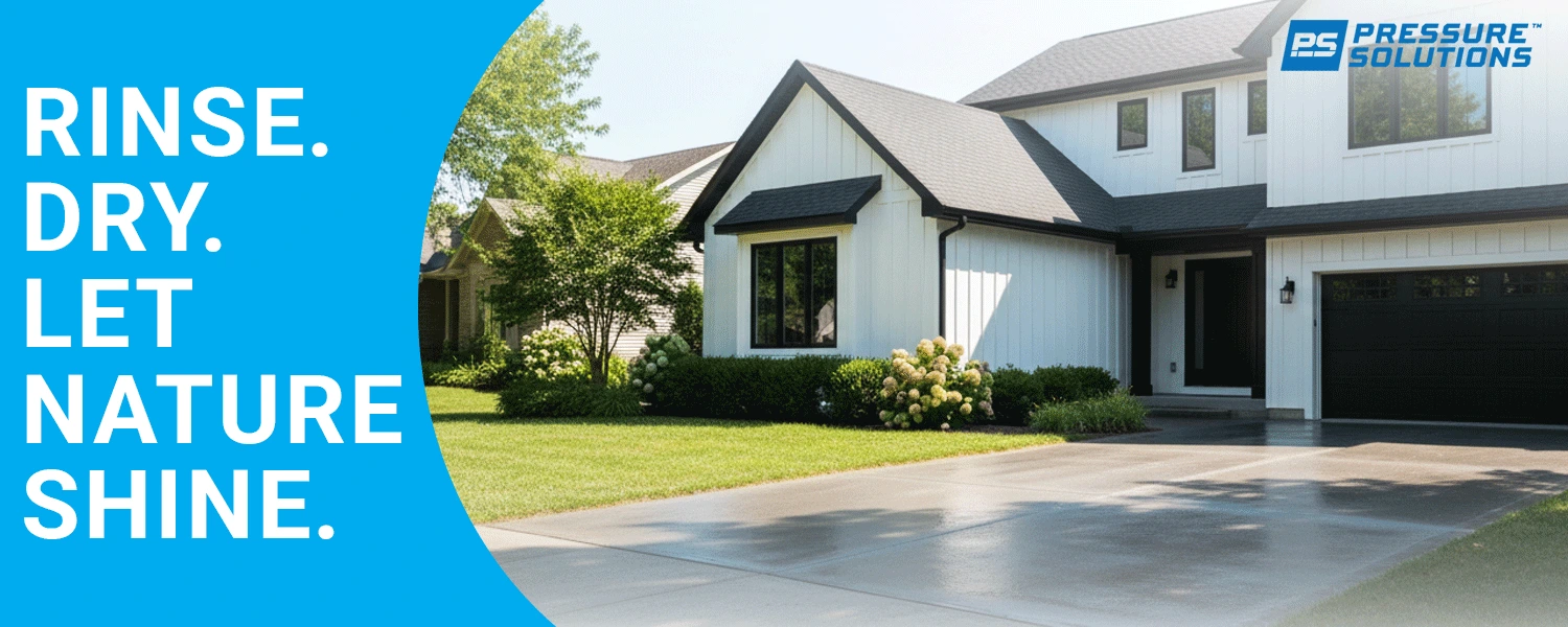 Residential Exterior Power Wash Final Result A modern, clean residential home featuring white siding, a black roof and garage door, and a wet driveway, highlighted by natural sunlight after washing.