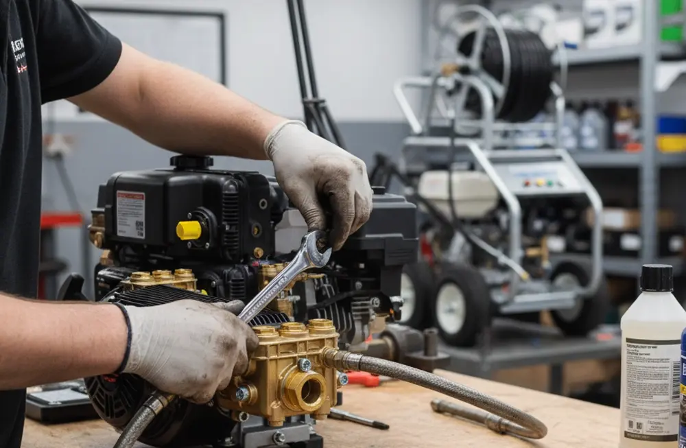Close-up of a technician wearing gloves using a wrench to repair or service the engine and brass pump head of a piece of equipment, with a hose reel in the background.