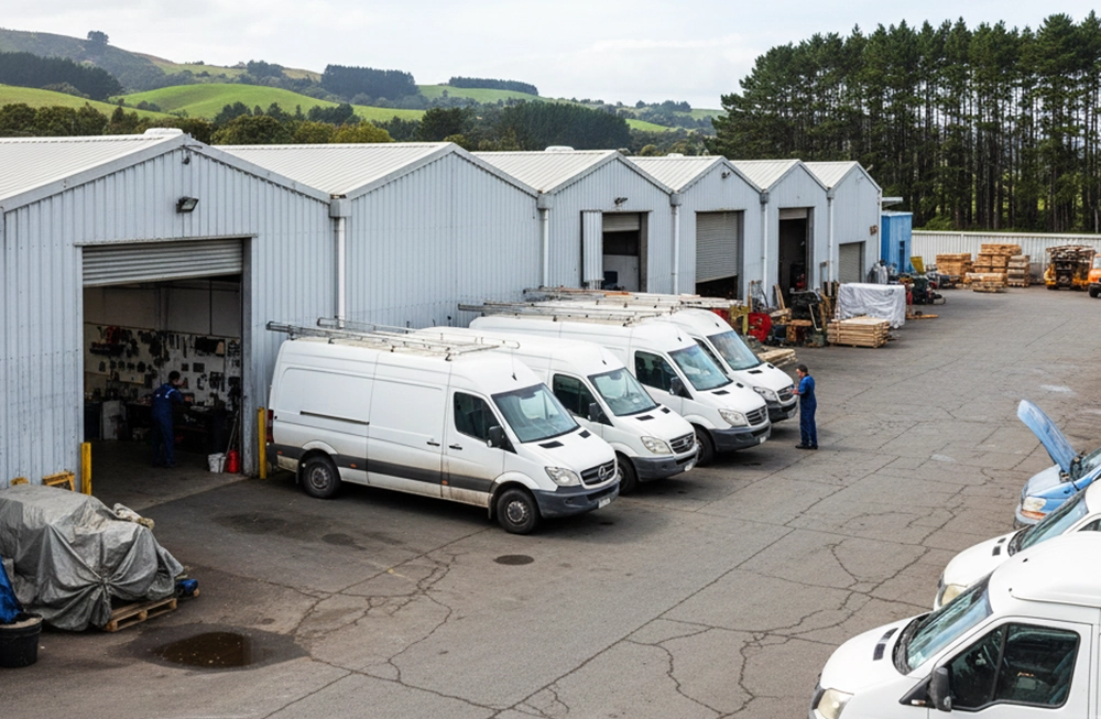 A fleet of white commercial service vans parked in the lot outside an industrial warehouse or depot, suggesting repair or maintenance operations.